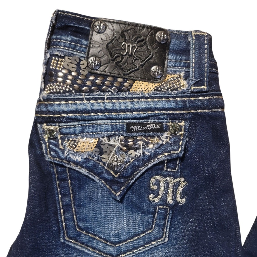 Miss Me Dark Blue Rhinestone & Sequin Boot Cut Jeans